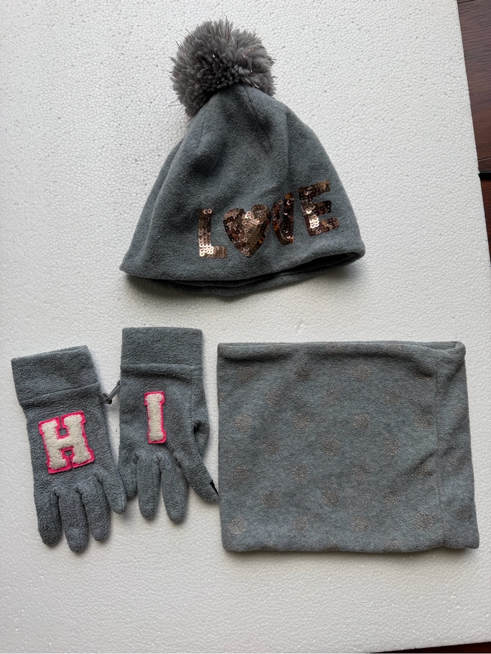 GAP Grey Kids Pom-Pom Hat, Gloves & Neck Warmer Set with Sequin 'LOVE'